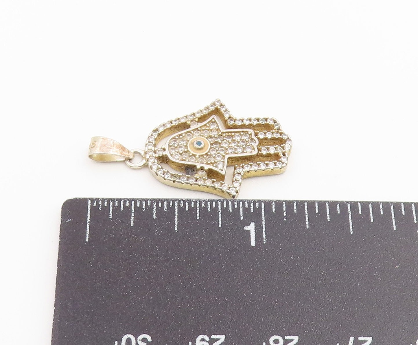 925 Sterling Silver Vintage Pendant CZ Hamsa Evil Eye Protection Charm  PT26552