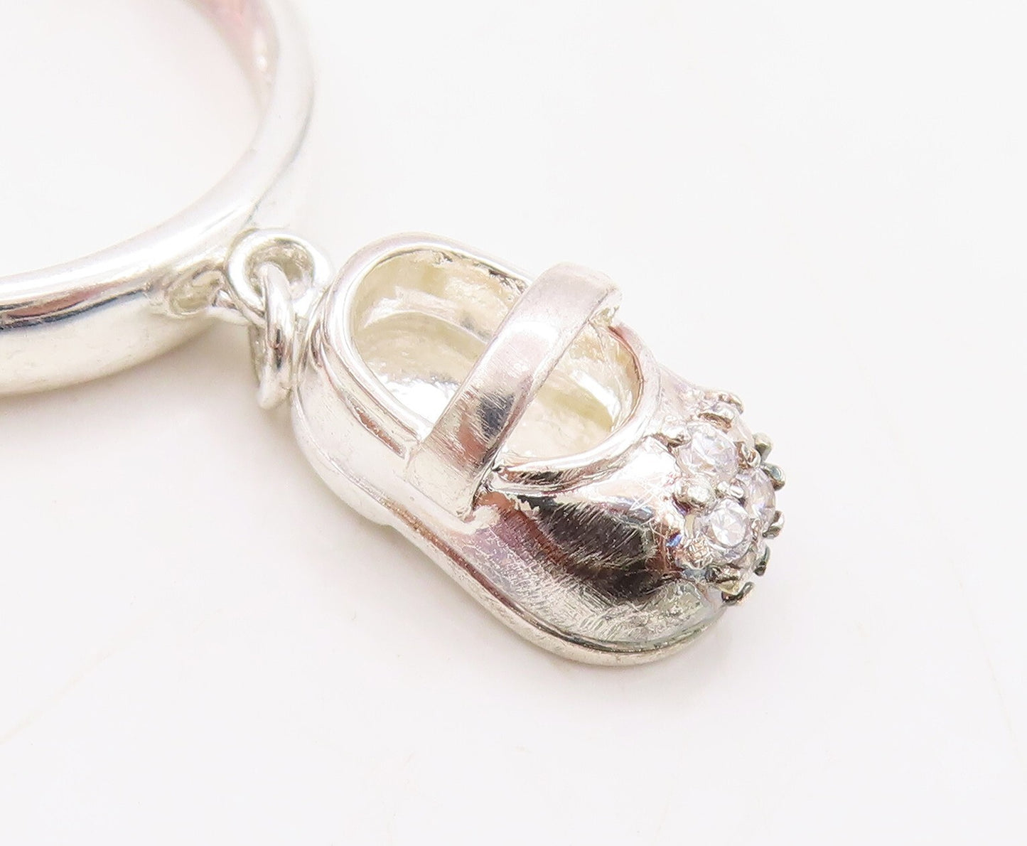 925 Sterling Silver Vintage Ring CZ Inlay Dangling Shoe Charm  Sz 7  RG31117