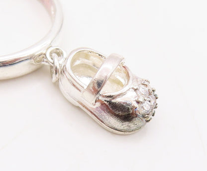 925 Sterling Silver Vintage Ring CZ Inlay Dangling Shoe Charm  Sz 7  RG31117