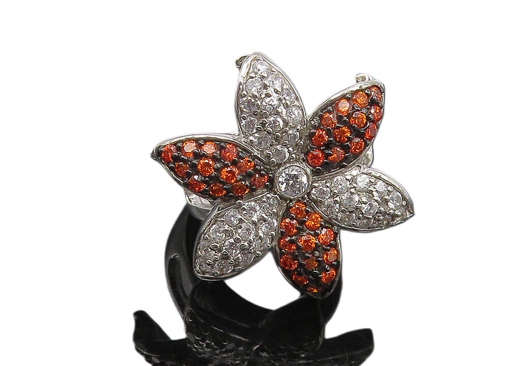 925 Sterling Silver  Cubic Zirconia & Topaz Floral Cocktail Ring Sz 7  RG11209