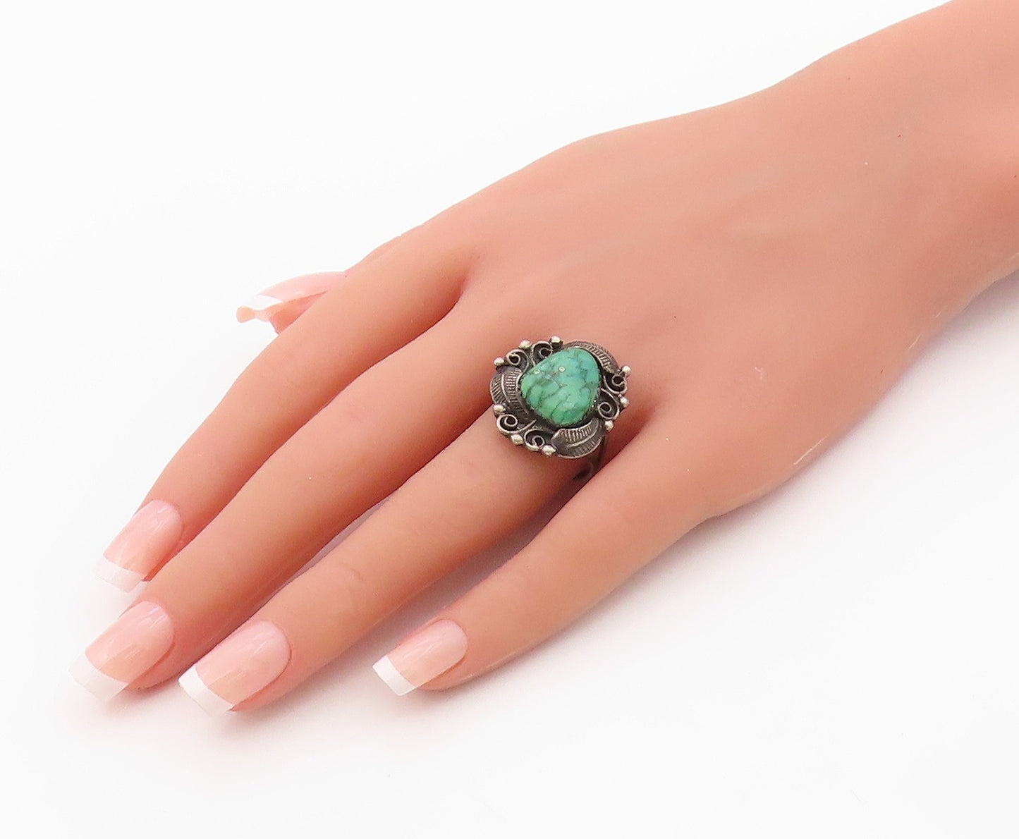 925 Sterling Silver Vintage Ring NAVAJO Turquoise Floral Leaf  Sz 9  RG36398