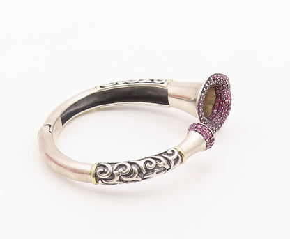 925 Sterling Silver Vintage Bracelet Real Ruby Scrollwork Open Cuff  BT12101