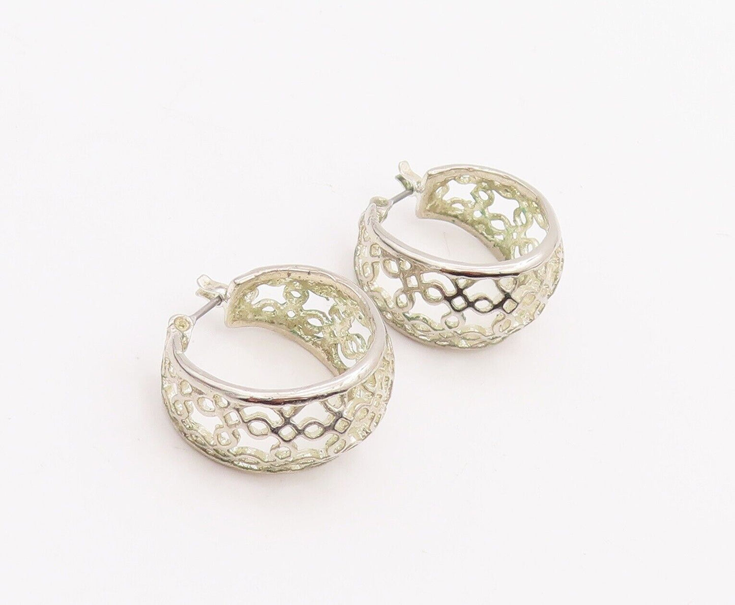 925 Sterling Silver Vintage Earrings Cutout Square Pattern Hoops  EG13087