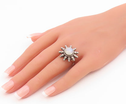 925 Sterling Silver Vintage Ring Cabochon Moonstone Floral Band  Sz 7  RG35436