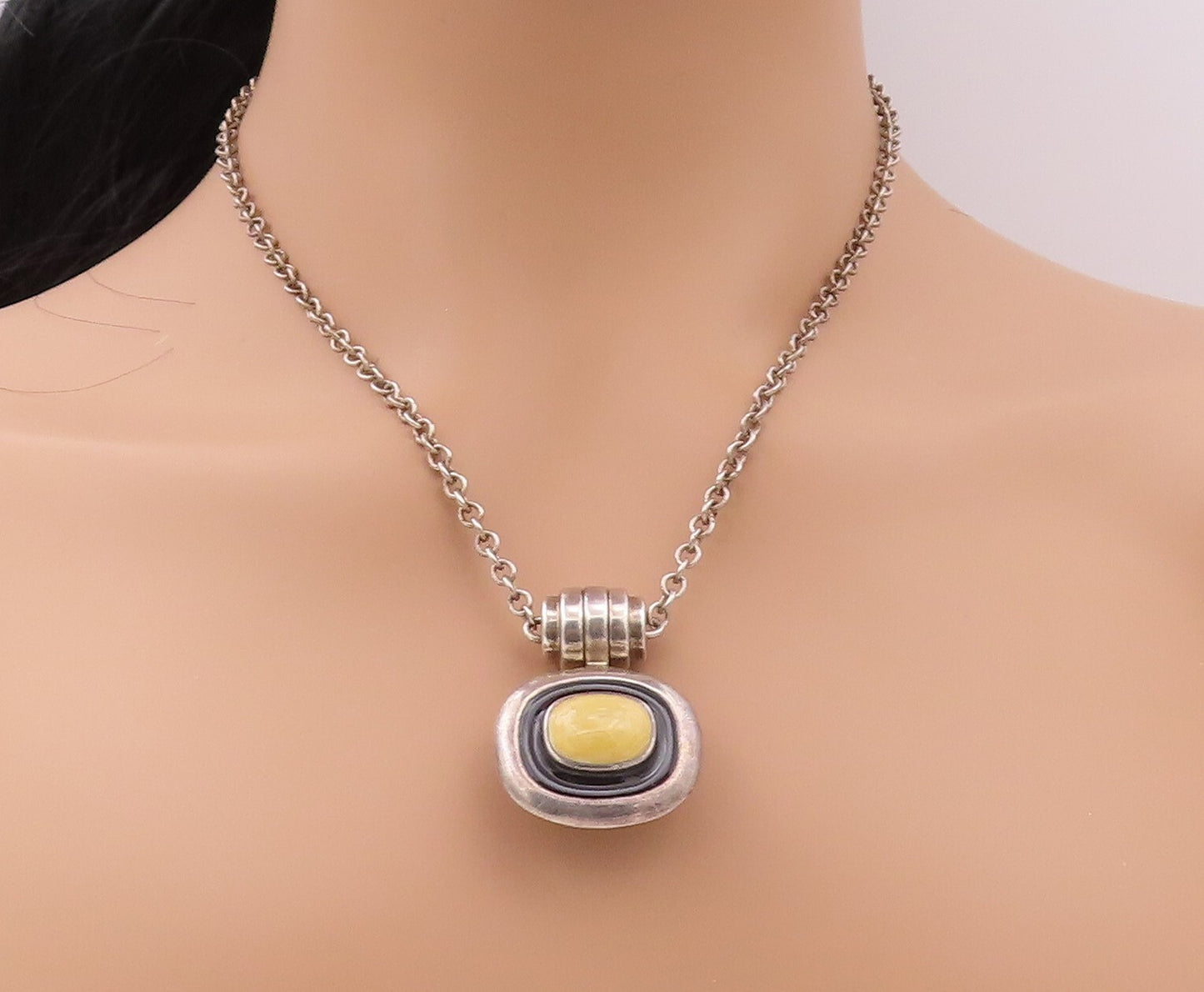 925 Sterling Silver Vintage Necklace ESPO SIG Onyx & Gemstone Inlay  NE4360