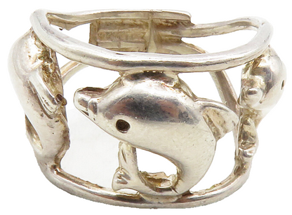 925 Sterling Silver  Vintage Shiny Triple Dolphin Band Ring Sz 7.5  RG13169