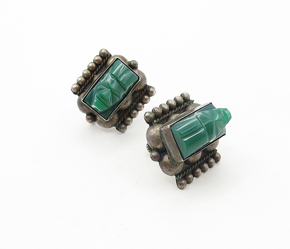 MEXICO 925 Silver  Vintage Antique Green Onyx Face Non Pierce Earrings  EG3964