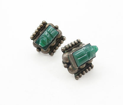 MEXICO 925 Silver  Vintage Antique Green Onyx Face Non Pierce Earrings  EG3964