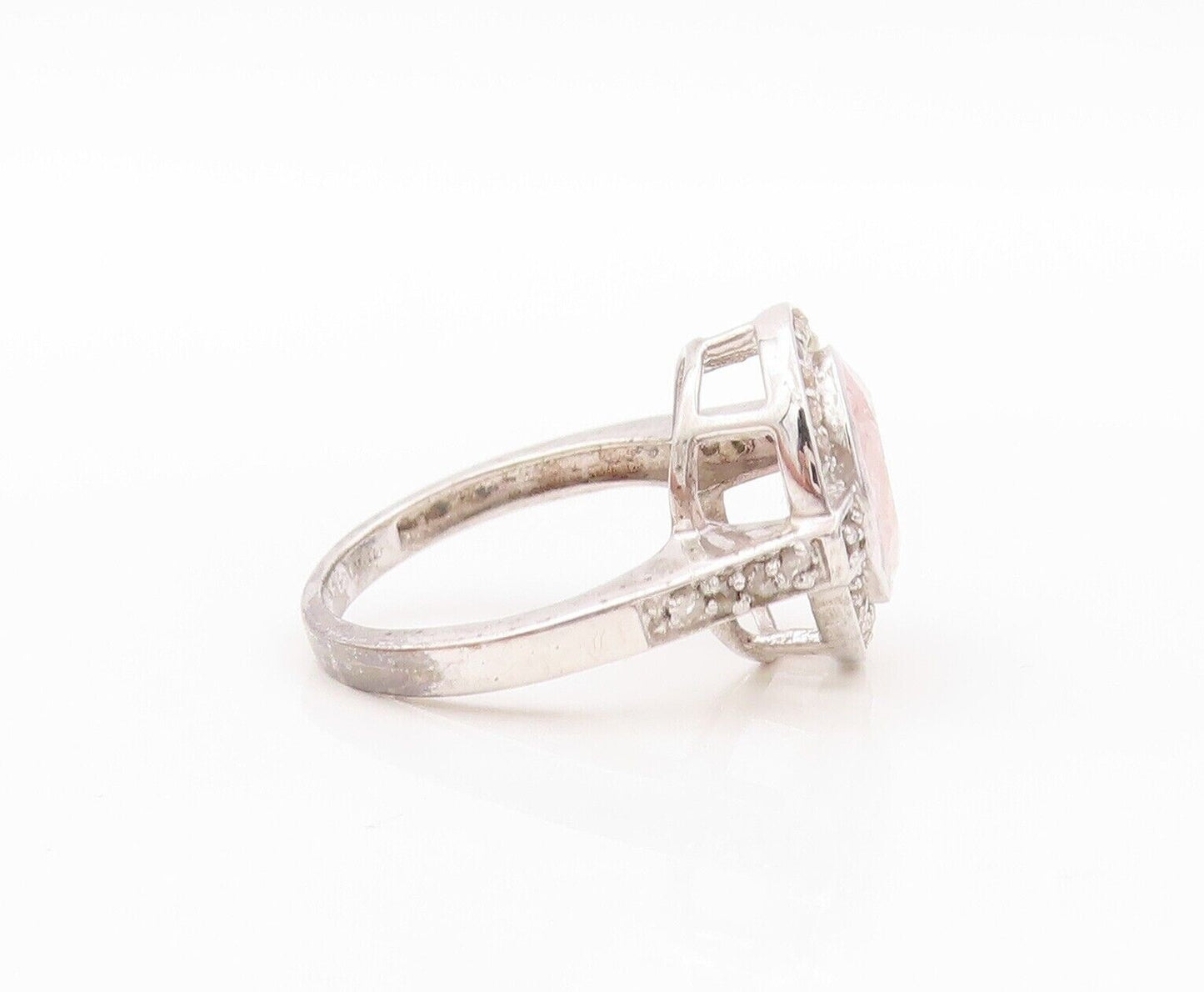 925 Sterling Silver Vintage Ring Oval Pink Gemstone Halo Diamonds  Sz 7  RG30179