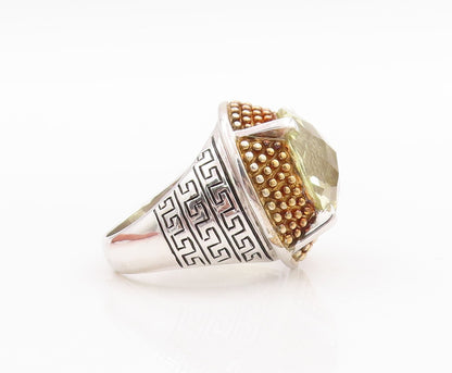 925 Sterling Silver Vintage Ring Lime Quartz Halo Gold Plated Bead Sz 7  RG29023