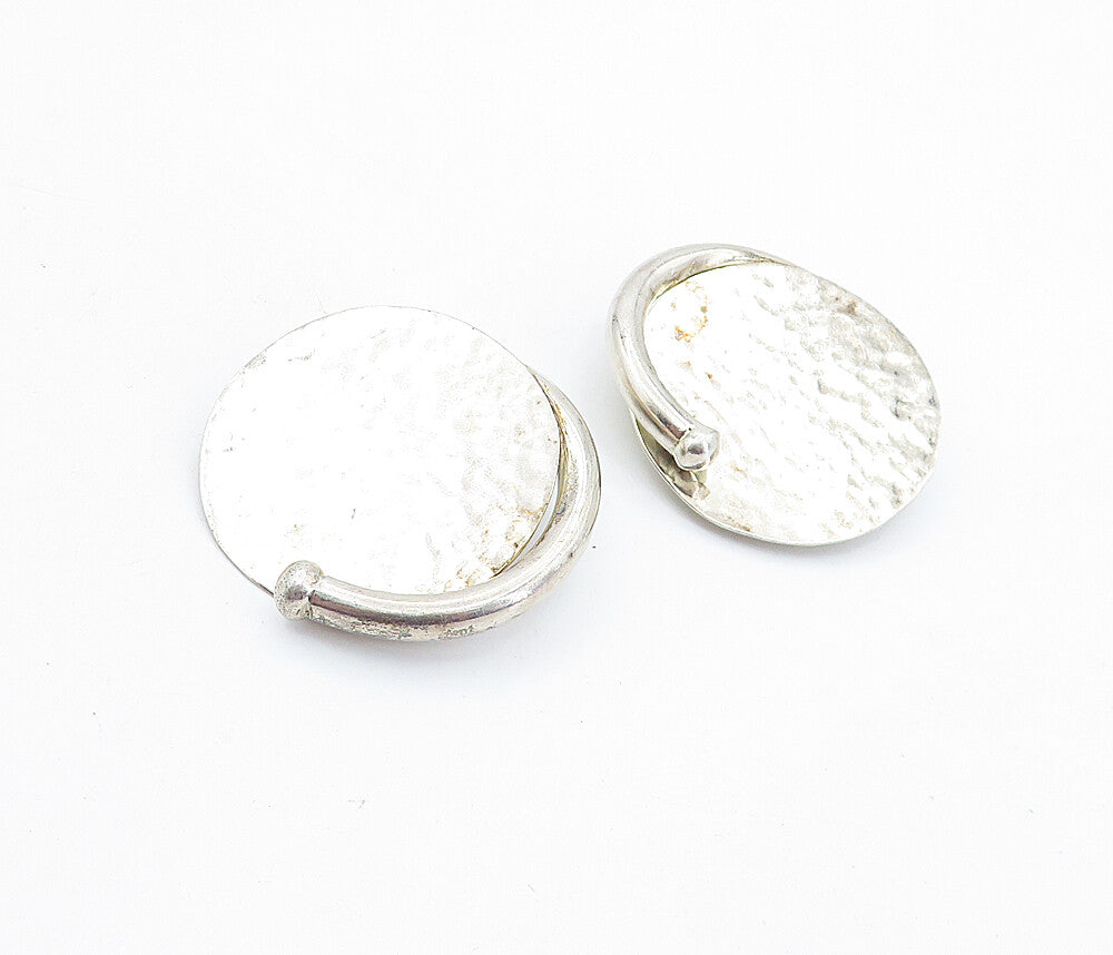 MEXICO 925 Sterling Silver Vintage Modernist Hammered Non Pierce Earrings EG2875