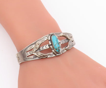 925 Sterling Silver Vintage Bracelet BELL NAVAJO Etched Turquoise Cuff  BT11966