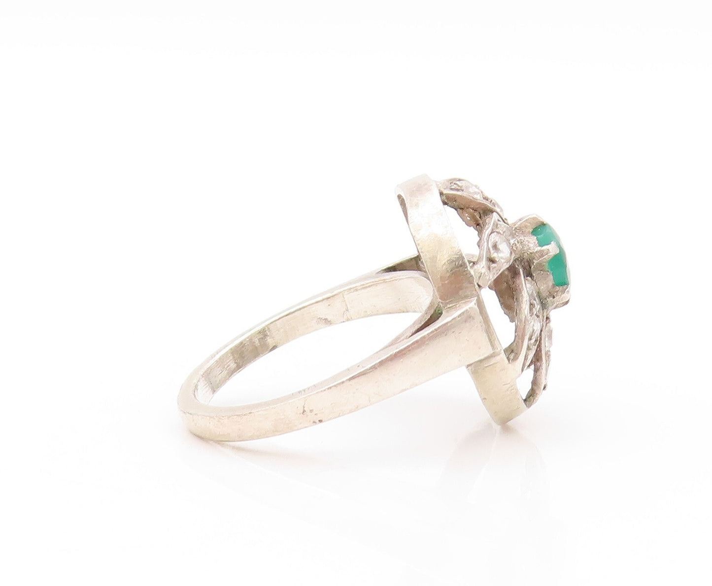 925 Sterling Silver Vintage Ring Cutout Jade & Topaz Flower  SZ 9  RG32087