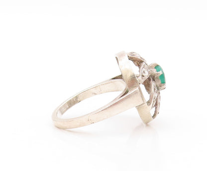 925 Sterling Silver Vintage Ring Cutout Jade & Topaz Flower  SZ 9  RG32087