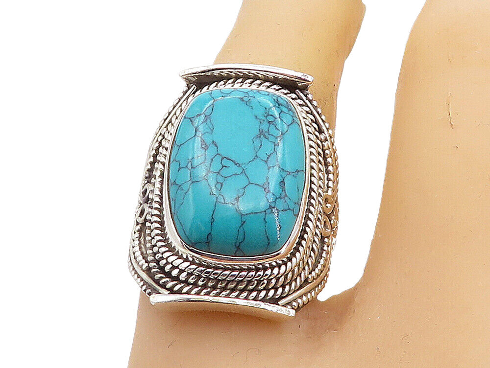 925 Sterling Silver  Cabochon Turquoise Rope Twist Cocktail Ring Sz 6  RG8531