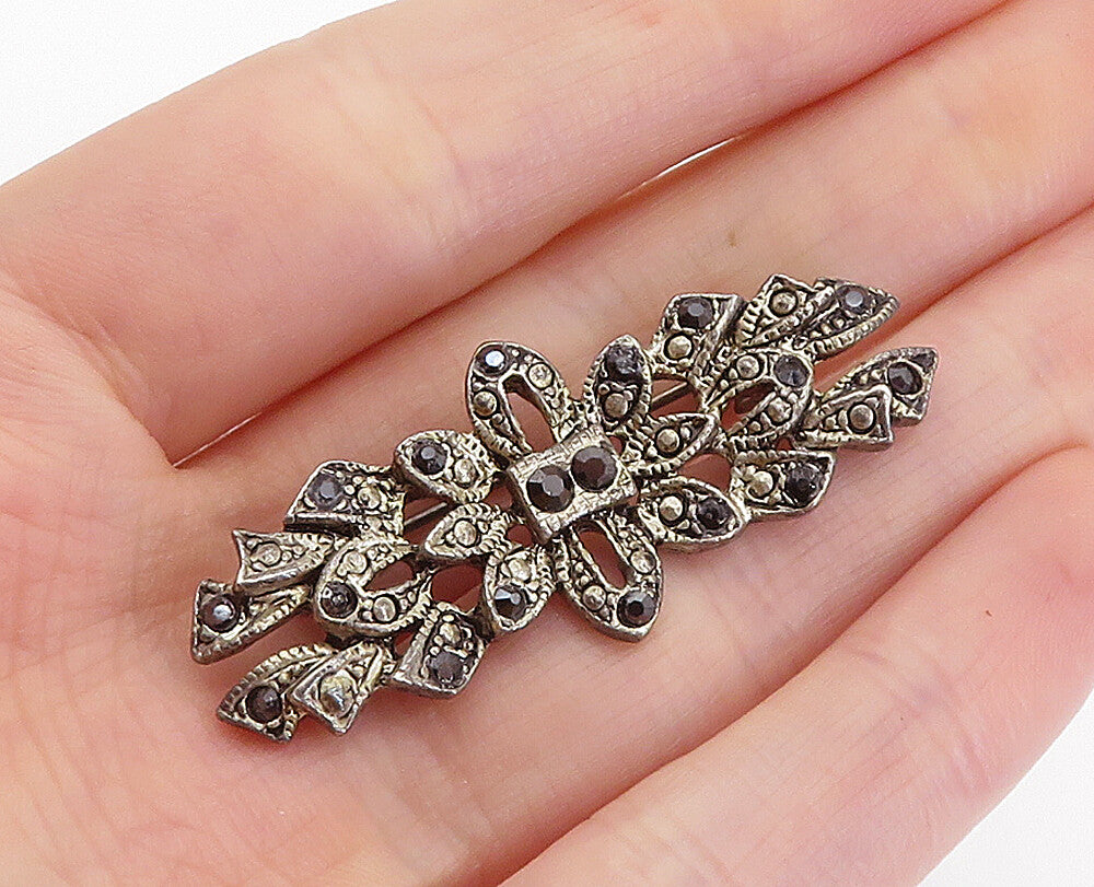925 Sterling Silver  Vintage Hematite Dark Tone Floral Brooch Pin  BP2875
