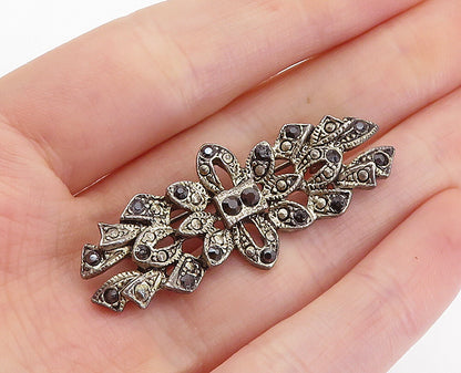 925 Sterling Silver  Vintage Hematite Dark Tone Floral Brooch Pin  BP2875