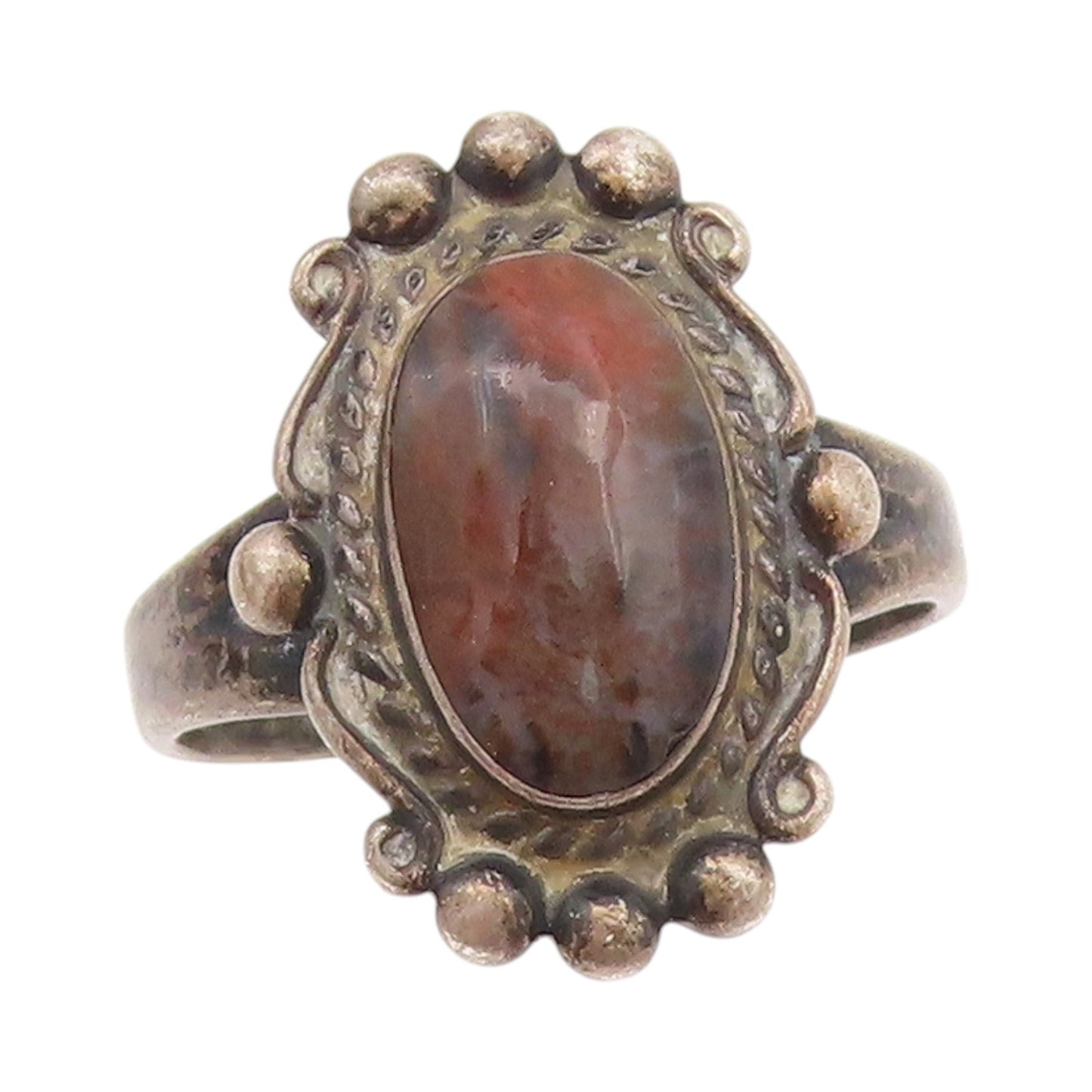 925 Sterling Silver Vintage Ring POST BELL Antique Carved Gemstone  Sz 7 RG33068