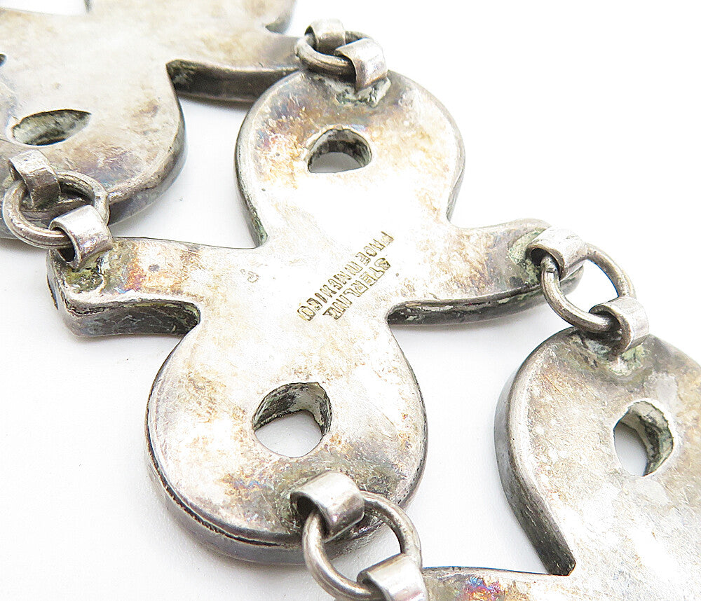 MEXICO 925 Silver Vintage Inlaid Abalone Shell 96 Link Chain Bracelet BT2975