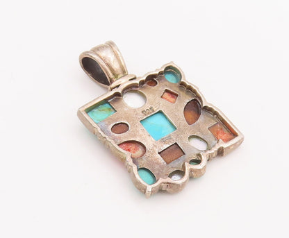 925 Sterling Silver Vintage Pendant Large Square Multi Stone Multi Shape PT23338