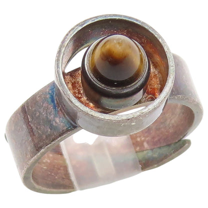 925 Sterling Silver Vintage Ring FINLAND Tiger's Eye Dome Band  Sz 6  RG36847