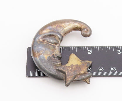 925 Sterling Silver  Vintage Crescent Moon Face & Star Brooch Pin  BP7881