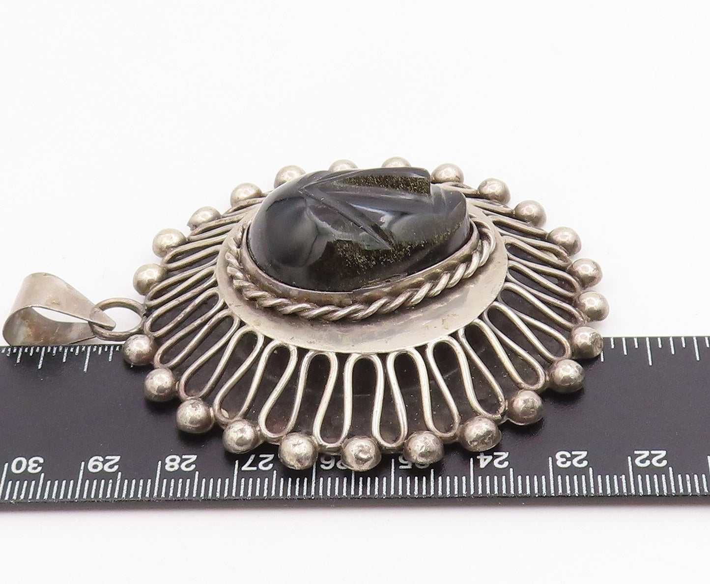 925 Sterling Silver Vintage Pendant MEXICO Carved Onyx Mayan Tribal Face PT25733