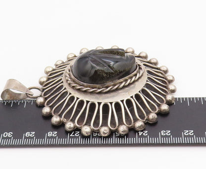 925 Sterling Silver Vintage Pendant MEXICO Carved Onyx Mayan Tribal Face PT25733