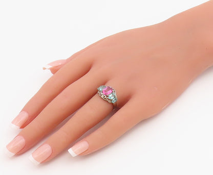925 Sterling Silver Vintage Ring Aquamarine & Pink Topaz Band  Sz 6  RG36874