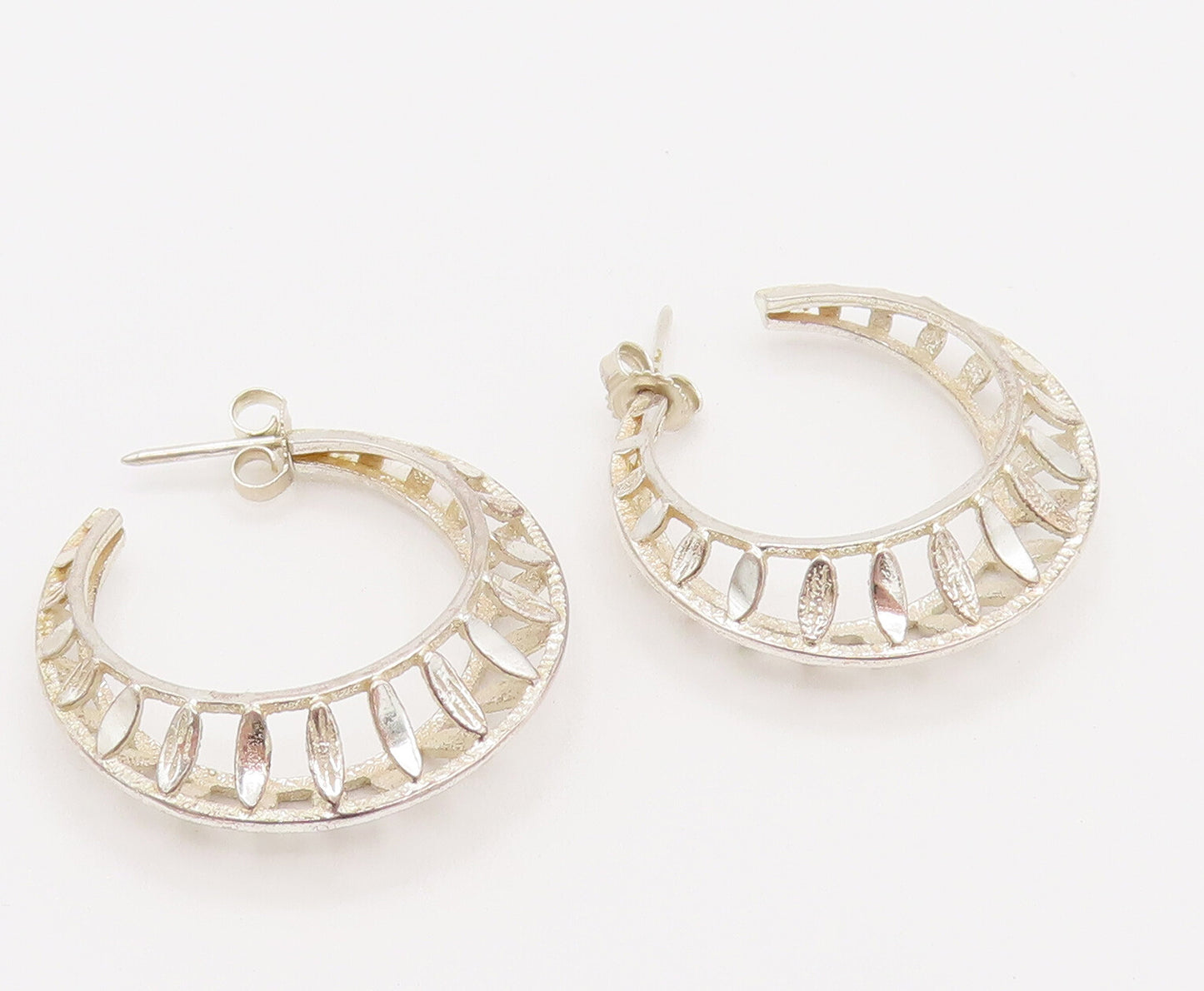 925 Sterling Silver  Vintage Openwork Navette Cutout Hoop Earrings  EG12307