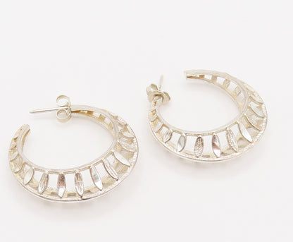 925 Sterling Silver  Vintage Openwork Navette Cutout Hoop Earrings  EG12307