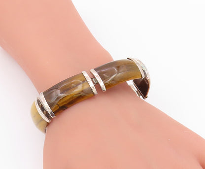 925 Sterling Silver Vintage Bracelet Tiger's Eye Curved Panel Link  BT12182