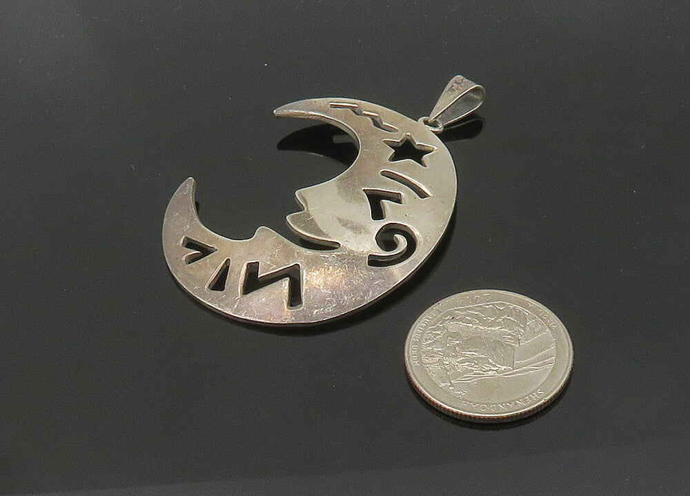 MEXICO 925 Silver  Vintage Crescent Moon Face Cutout Detail Pendant  PT17030