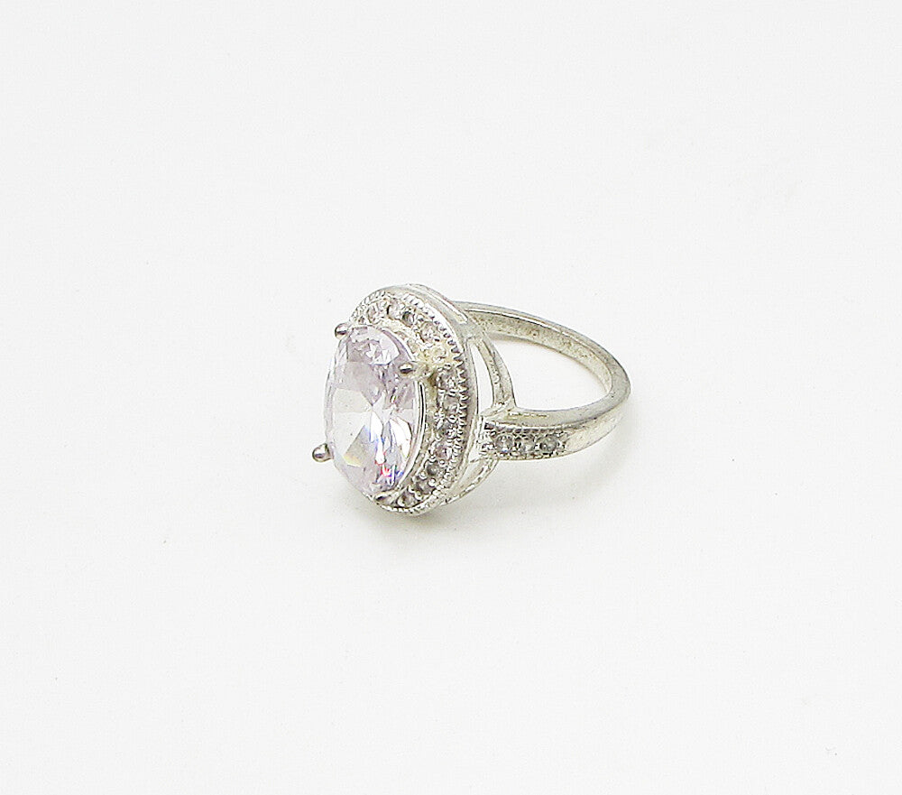 925 Silver  Vintage White Topaz & Cubic Zirconia Cocktail Ring Sz 8  RG3202