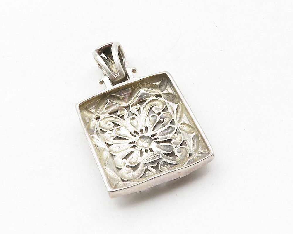 925 Sterling Silver Vintage Open Flower Swirl Square Drop Pendant PT9840