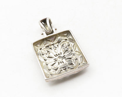 925 Sterling Silver Vintage Open Flower Swirl Square Drop Pendant PT9840
