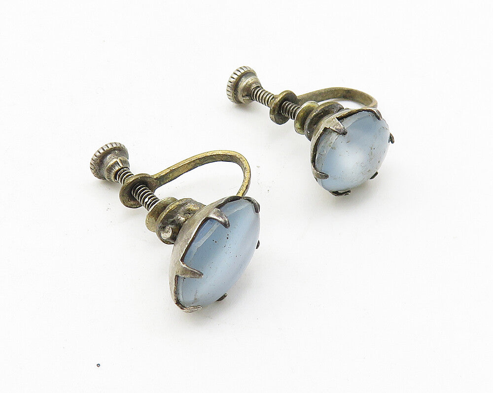925 Sterling Silver  Vintage Blue Cat's Eye Topaz Non Pierce Earrings  EG5618