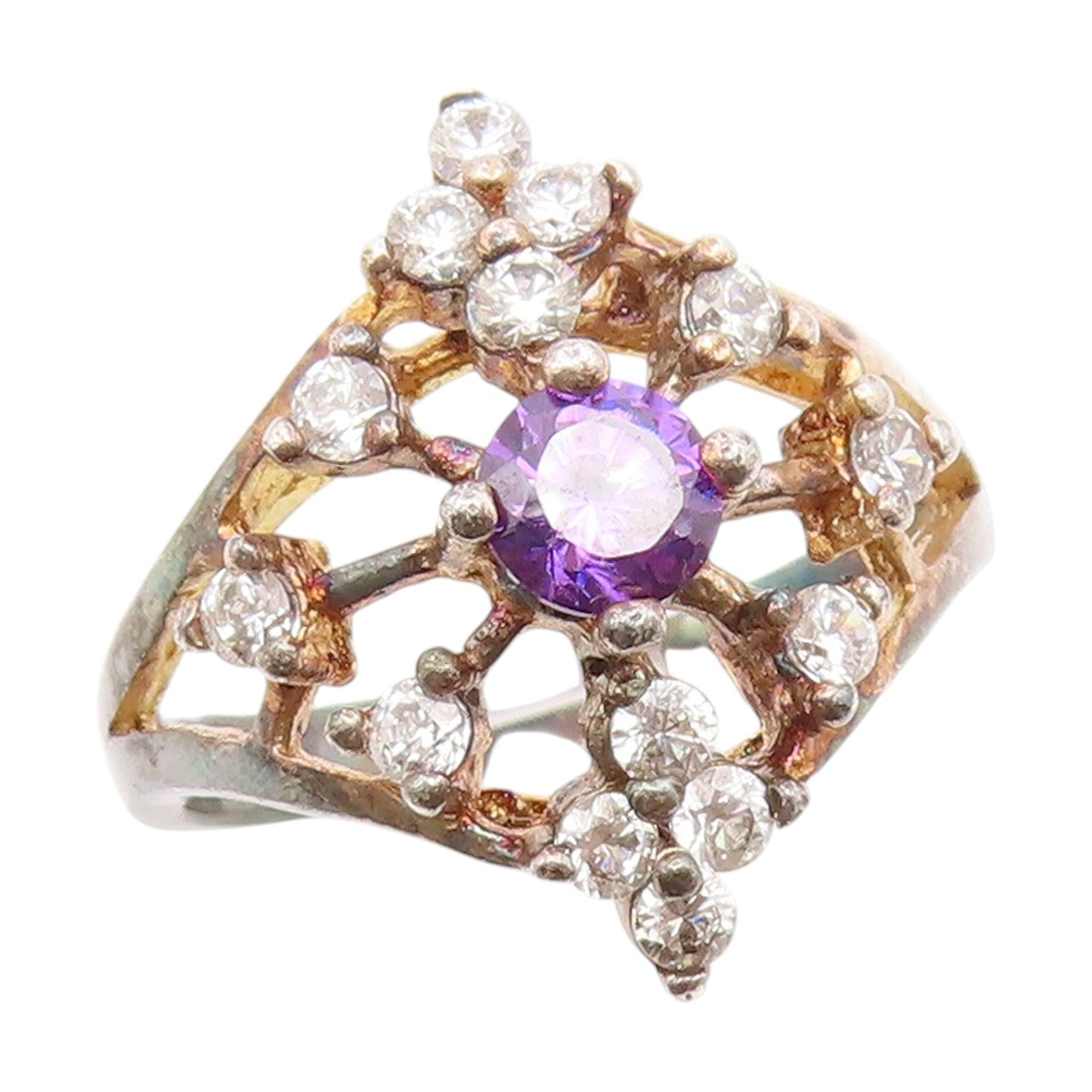 925 Sterling Silver Vintage Ring Gold Plated Amethyst & Topaz Band Sz 8 RG35168