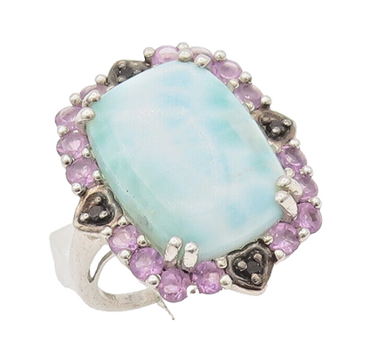 925 Sterling Silver Vintage Ring Larimar Halo Amethyst Sapphire Sz 6  RG27906