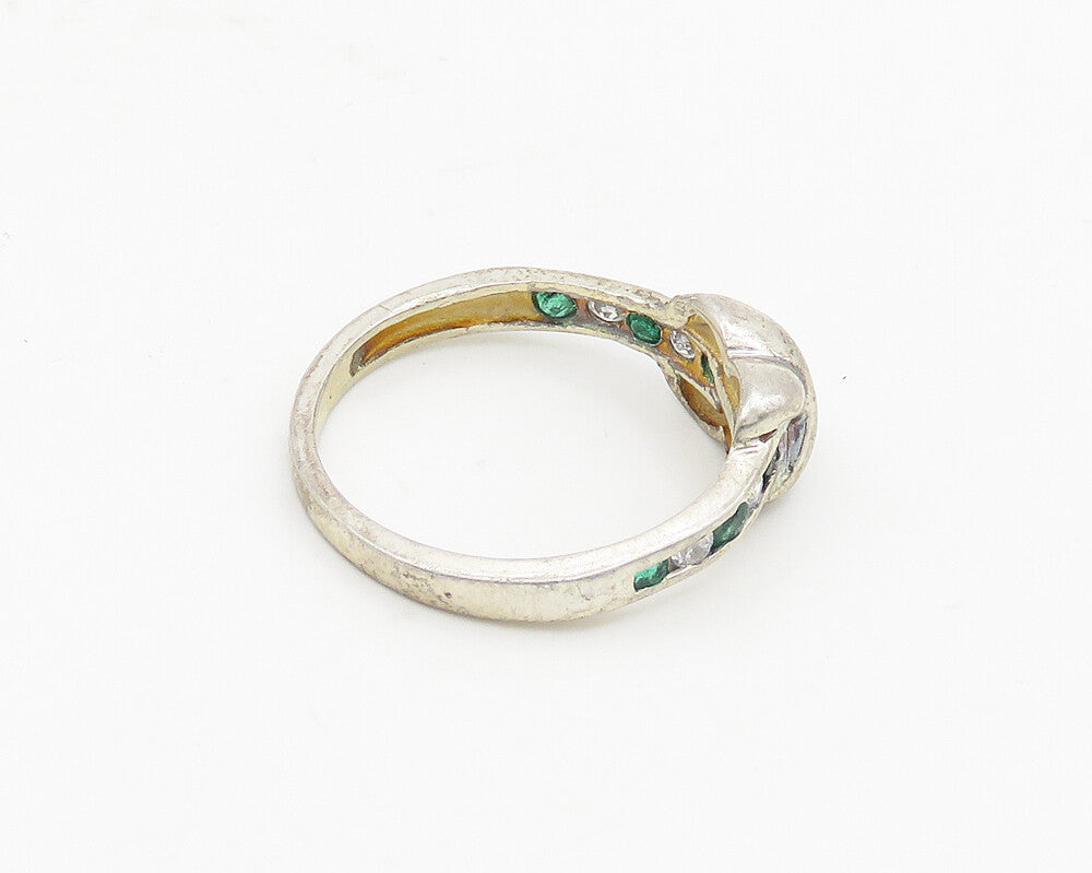 925 Sterling Silver Vintage White & Green Topaz Crossed Band Ring Sz 7 RG18520