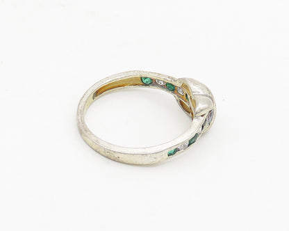 925 Sterling Silver Vintage White & Green Topaz Crossed Band Ring Sz 7 RG18520