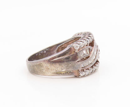 925 Sterling Silver Vintage Ring Round & Baguette Cut CZ Crossover Sz 10 RG35984