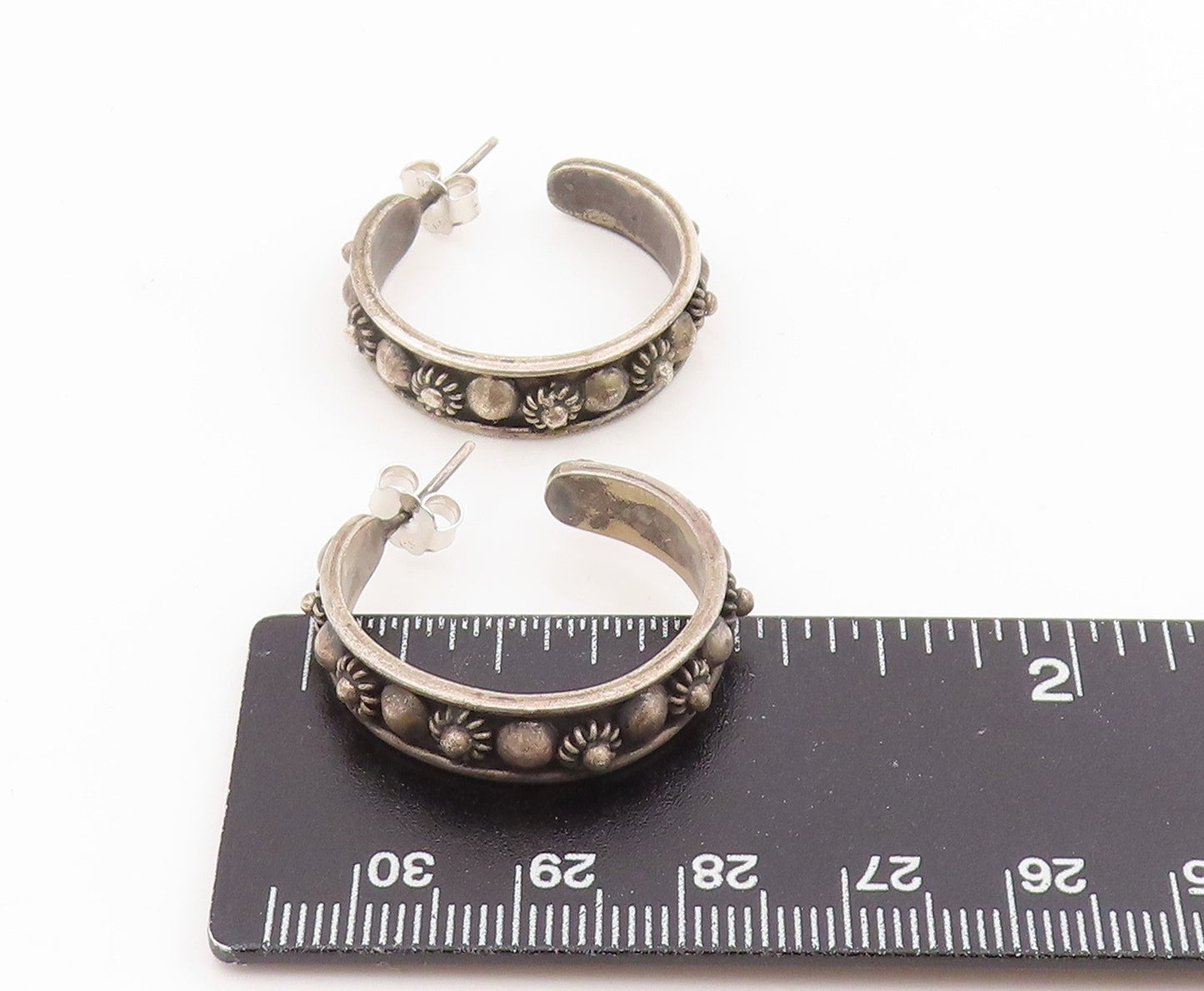 925 Sterling Silver Vintage Earrings MEXICO Classic Floral Beaded Hoops  EG14315