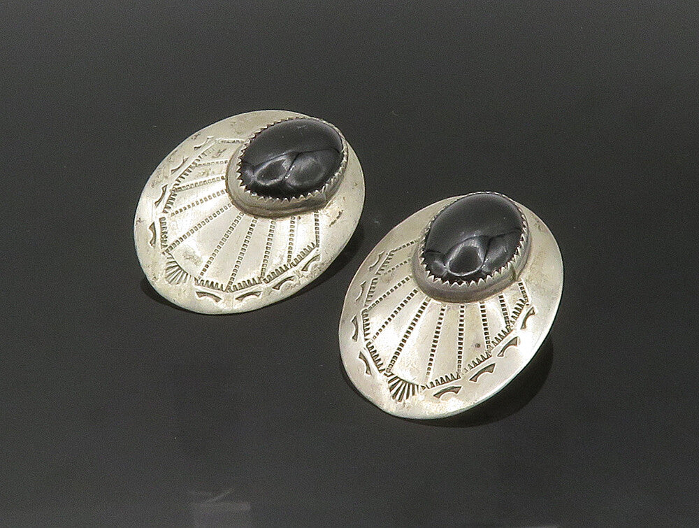 SOUTHWESTERN 925 Silver Vintage Cabochon Black Onyx Drop Earrings EG11549