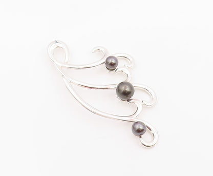 925 Sterling Silver Vintage Pendant Round Pearl Modernist Swirly Waves  PT26039