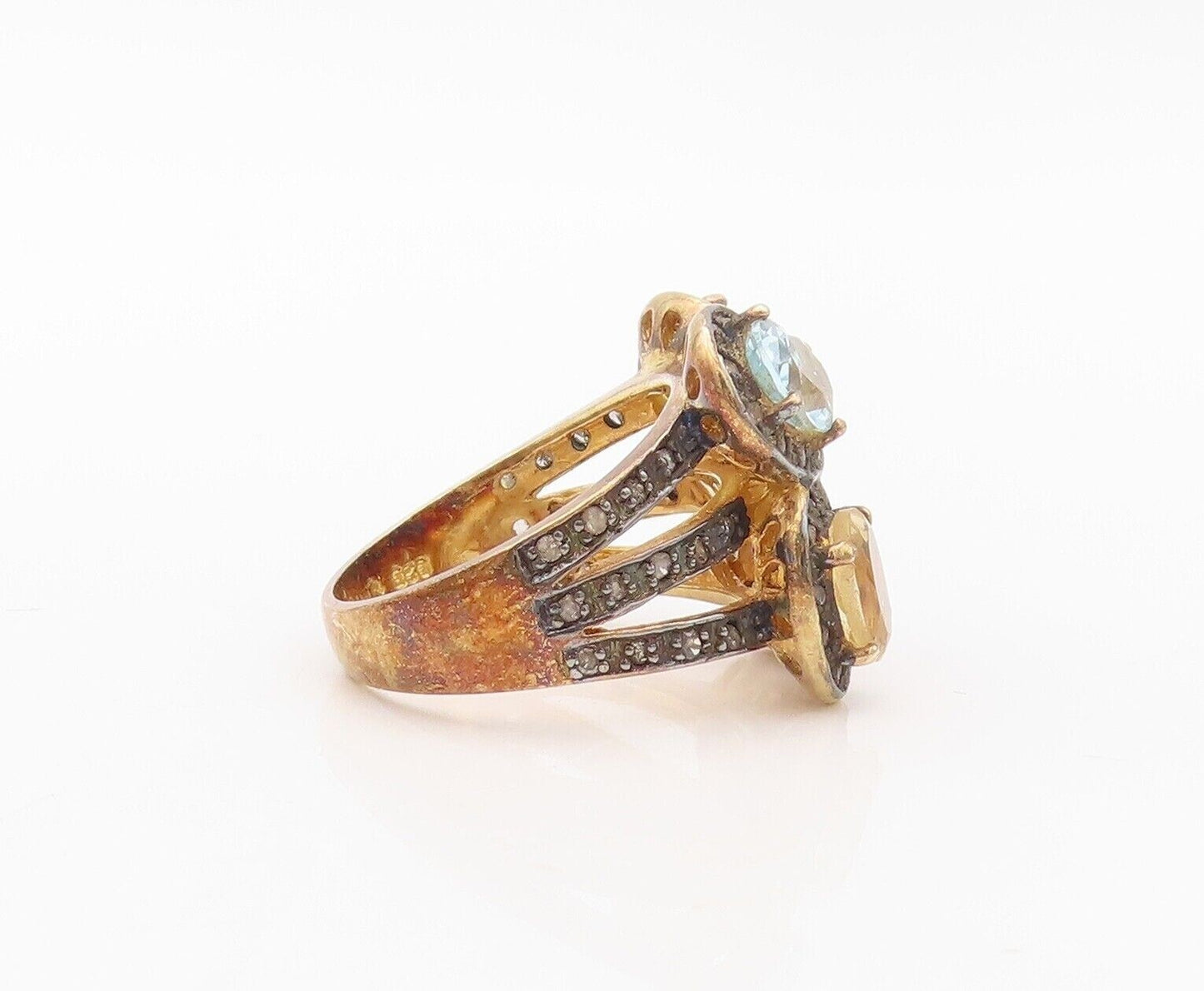 925 Sterling Silver Vintage Ring Gold Plated Diamonds & Gemstones  Sz 7  RG30239