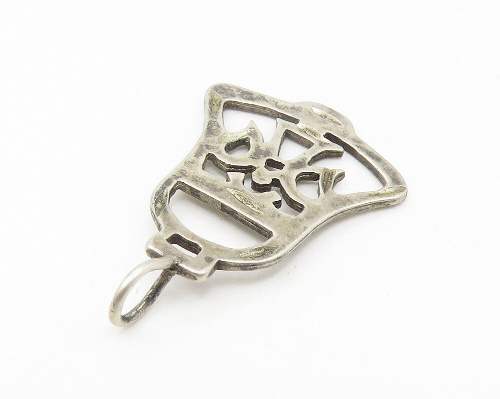 925 Sterling Silver  Vintage Dark Tone Cutout Ribbon Bell Pendant  PT8739