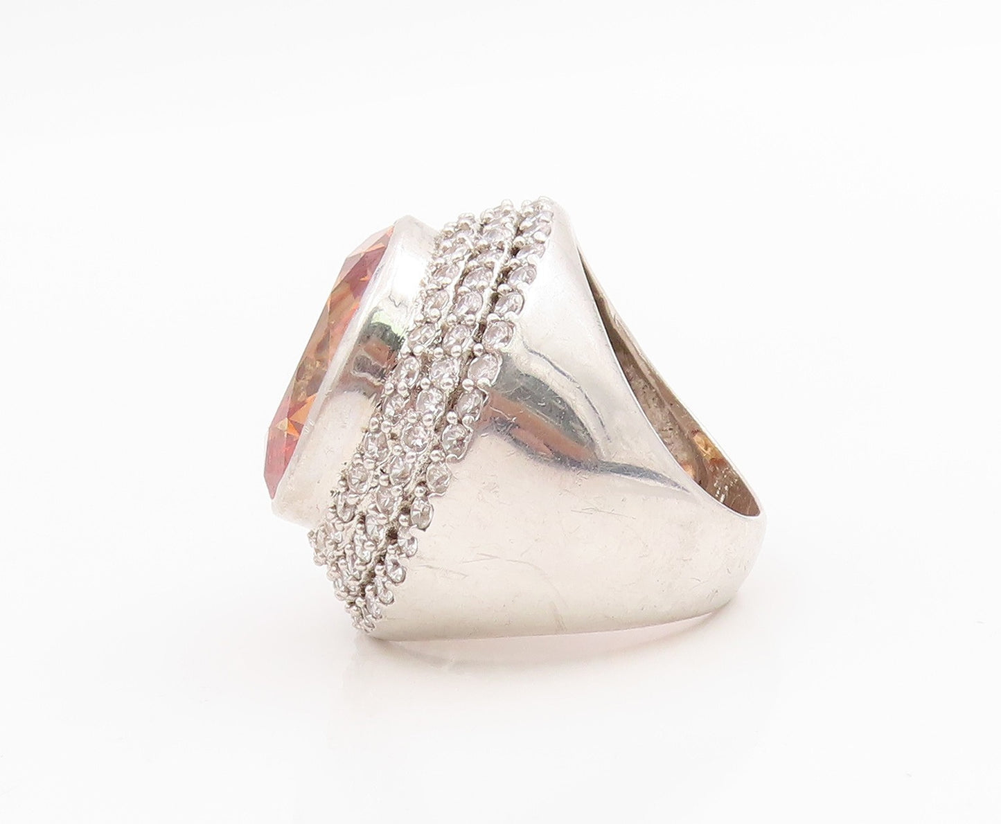 925 Sterling Silver Vintage Ring Citrine & Halo CZ Dome Band HEAVY Sz 9 RG34198