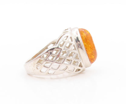 925 Sterling Silver Vintage Ring Net Design Cut Band Honey Amber  Sz 10  RG32698