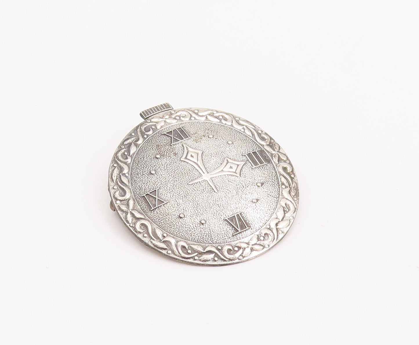 925 Sterling Silver Vintage Brooch Pin Swirly Carved Bordered Wall Watch BP10975